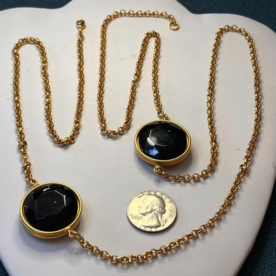 LONG 41â€ NECKLACE GOLD TONE CHAIN NECKLACE BLACK GLASS