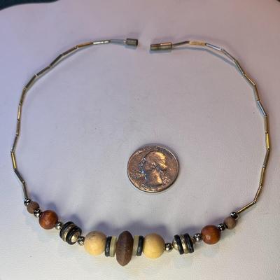 15â€ NATURAL WOOD BEAD CHOKER w/ LIQUID SILVER TUBELETS