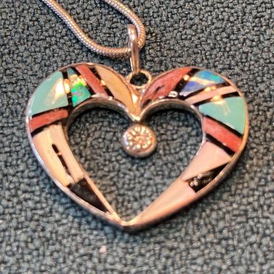 ZUNI INLAID STONES HEART ON .925 CHAIN