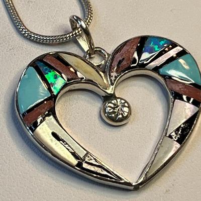 ZUNI INLAID STONES HEART ON .925 CHAIN