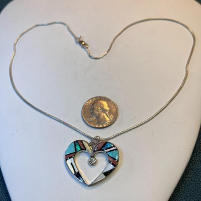ZUNI INLAID STONES HEART ON .925 CHAIN