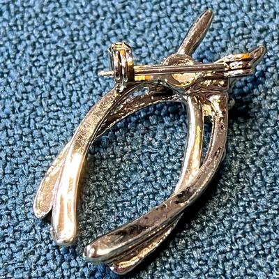 DOUBLE WISHBONE PIN RHINESTONE AND FAUX PEARL