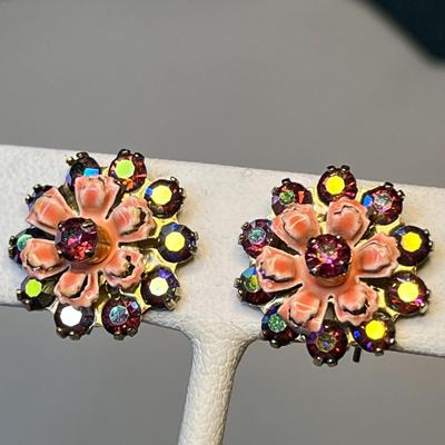DAINTY PIERCED EARRINGS PINK PETALS AURORA BOREALIS