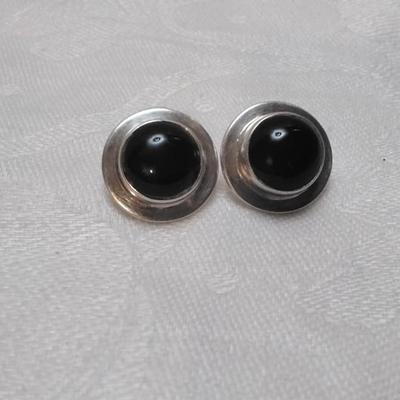 Vintage Onyx Button 925 Earrings