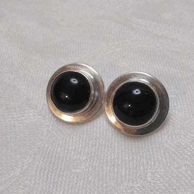 Vintage Onyx Button 925 Earrings