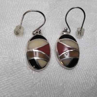 Vintage Cream Jade, Red Coral, Onyx and Sandstone 925 Earrings