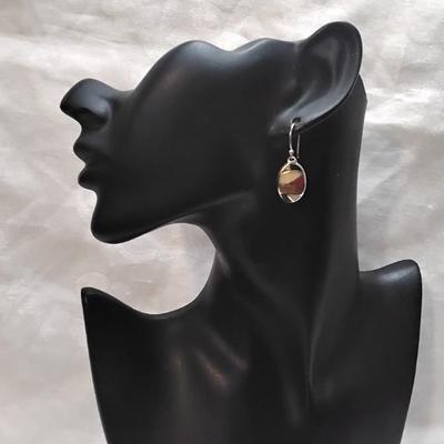 Vintage Cream Jade, Red Coral, Onyx and Sandstone 925 Earrings