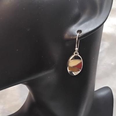 Vintage Cream Jade, Red Coral, Onyx and Sandstone 925 Earrings