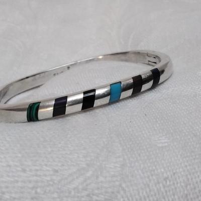 Zuni Purple Turquoise, Red Turquoise, Blue Turquoise, Malachite, Lapis Lazuli, Onyx Inset in Mexico 925 Bracelet