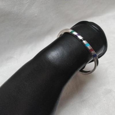 Zuni Purple Turquoise, Red Turquoise, Blue Turquoise, Malachite, Lapis Lazuli, Onyx Inset in Mexico 925 Bracelet