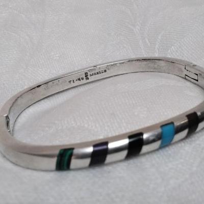 Zuni Purple Turquoise, Red Turquoise, Blue Turquoise, Malachite, Lapis Lazuli, Onyx Inset in Mexico 925 Bracelet