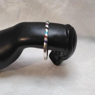 Zuni Purple Turquoise, Red Turquoise, Blue Turquoise, Malachite, Lapis Lazuli, Onyx Inset in Mexico 925 Bracelet