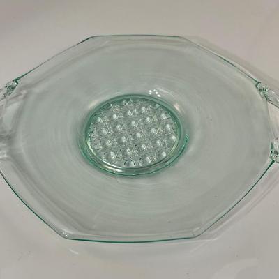 Green Glass Octagon Shaped Plate with Handles Small Cake Plate Depression glass