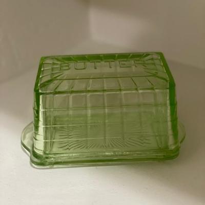 Vintage Block Optic Green Depression Glass Butter Dish