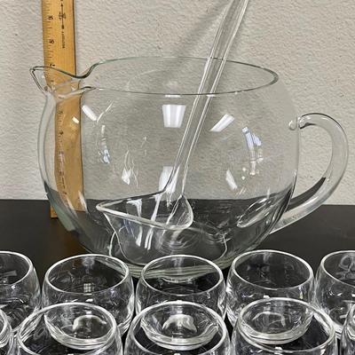 Mid-Century Clear Blown-Glass Punch Bowl with Bubble Shaped Punch cups and clear plastic ladle