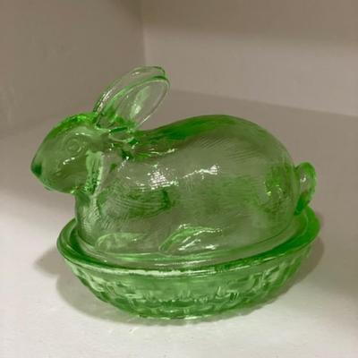 Green Vaseline Glass Rabbit On Nest Basket