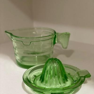 Vintage Green Depression Glass 2 Cup Measuring Cup and Citrus Reamer