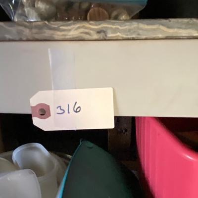 Plastic Storage Shelf with Contents