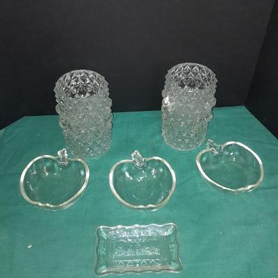 Two French light shades or vases with Glasbake apple dishes and a small dish with the last supper