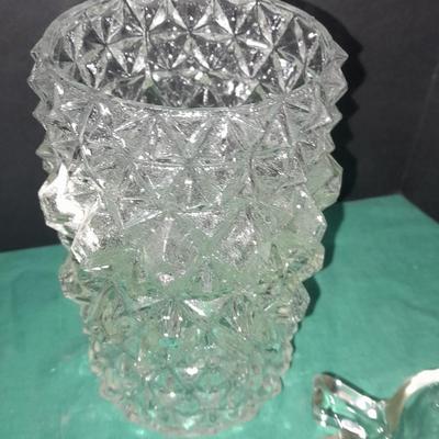 Two French light shades or vases with Glasbake apple dishes and a small dish with the last supper