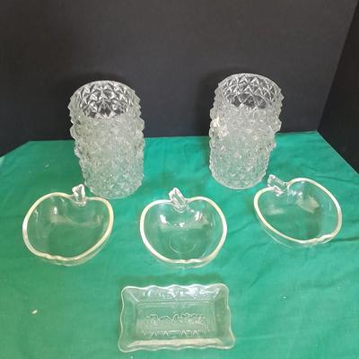 Two French light shades or vases with Glasbake apple dishes and a small dish with the last supper