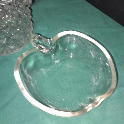 Two French light shades or vases with Glasbake apple dishes and a small dish with the last supper