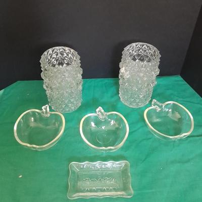 Two French light shades or vases with Glasbake apple dishes and a small dish with the last supper