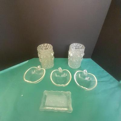 Two French light shades or vases with Glasbake apple dishes and a small dish with the last supper