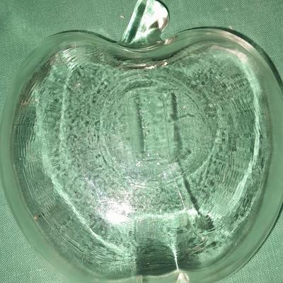 Two French light shades or vases with Glasbake apple dishes and a small dish with the last supper