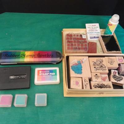 Rubber backed wooden block stamps and ink pads
