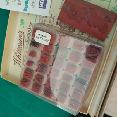 Rubber backed wooden block stamps and ink pads