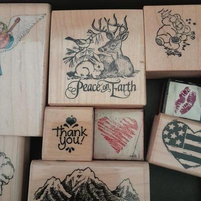 Rubber backed wooden block stamps and ink pads