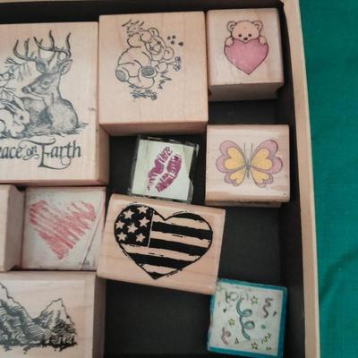 Rubber backed wooden block stamps and ink pads