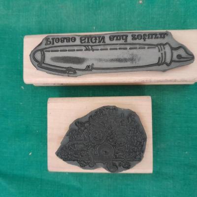 Rubber backed wooden block stamps and ink pads