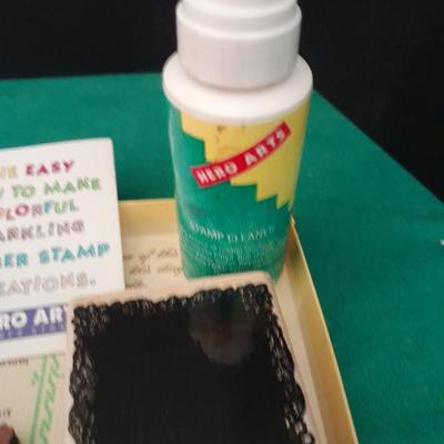 Rubber backed wooden block stamps and ink pads