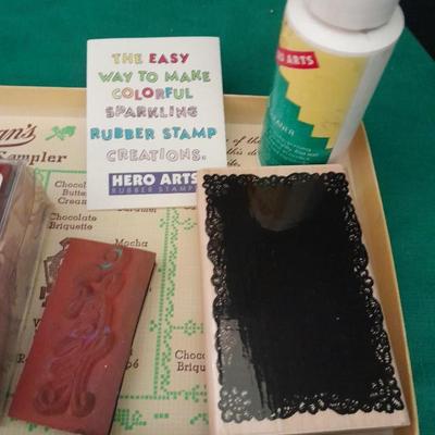 Rubber backed wooden block stamps and ink pads