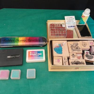 Rubber backed wooden block stamps and ink pads
