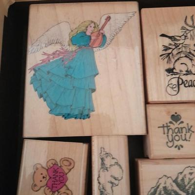 Rubber backed wooden block stamps and ink pads