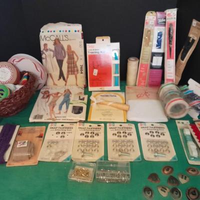 Sewing items, Patterns, Snaps, zippers, pins, concho's and more