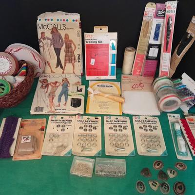Sewing items, Patterns, Snaps, zippers, pins, concho's and more