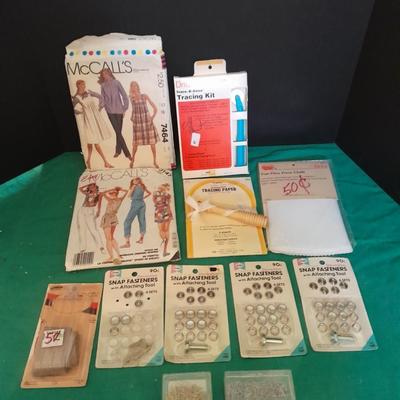 Sewing items, Patterns, Snaps, zippers, pins, concho's and more
