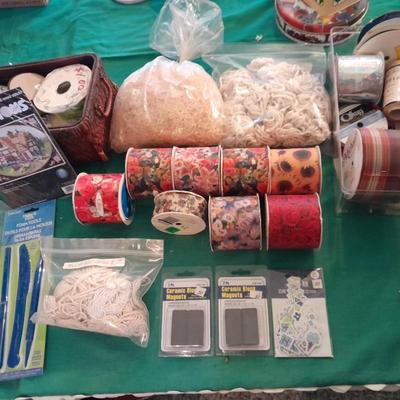 Large assortment of Vintage ribbon, Springtime cottage cross stitch kit, and decoupage tools