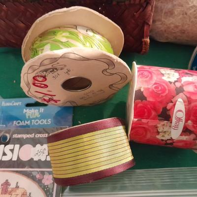 Large assortment of Vintage ribbon, Springtime cottage cross stitch kit, and decoupage tools
