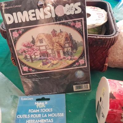 Large assortment of Vintage ribbon, Springtime cottage cross stitch kit, and decoupage tools