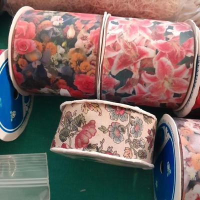 Large assortment of Vintage ribbon, Springtime cottage cross stitch kit, and decoupage tools