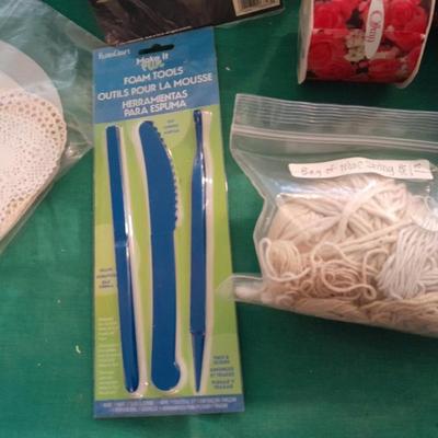 Large assortment of Vintage ribbon, Springtime cottage cross stitch kit, and decoupage tools