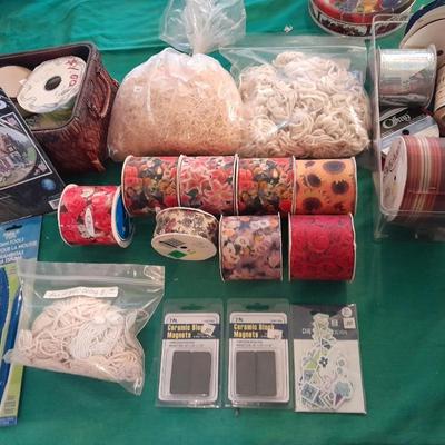 Large assortment of Vintage ribbon, Springtime cottage cross stitch kit, and decoupage tools