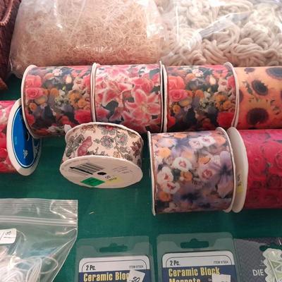 Large assortment of Vintage ribbon, Springtime cottage cross stitch kit, and decoupage tools