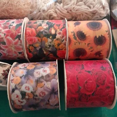 Large assortment of Vintage ribbon, Springtime cottage cross stitch kit, and decoupage tools