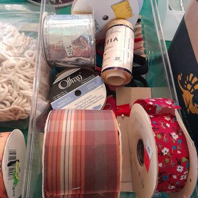 Large assortment of Vintage ribbon, Springtime cottage cross stitch kit, and decoupage tools